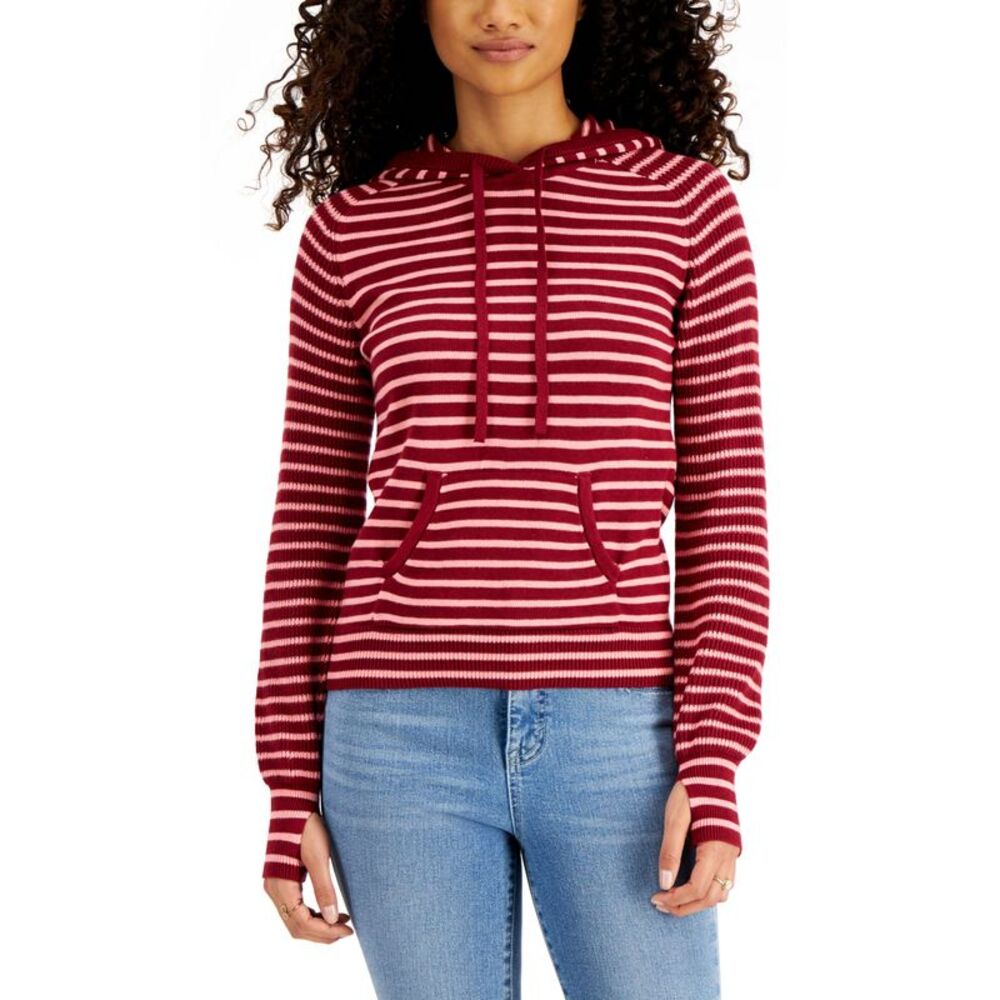 Style & Co Striped Thumbhole Hooded Sweater